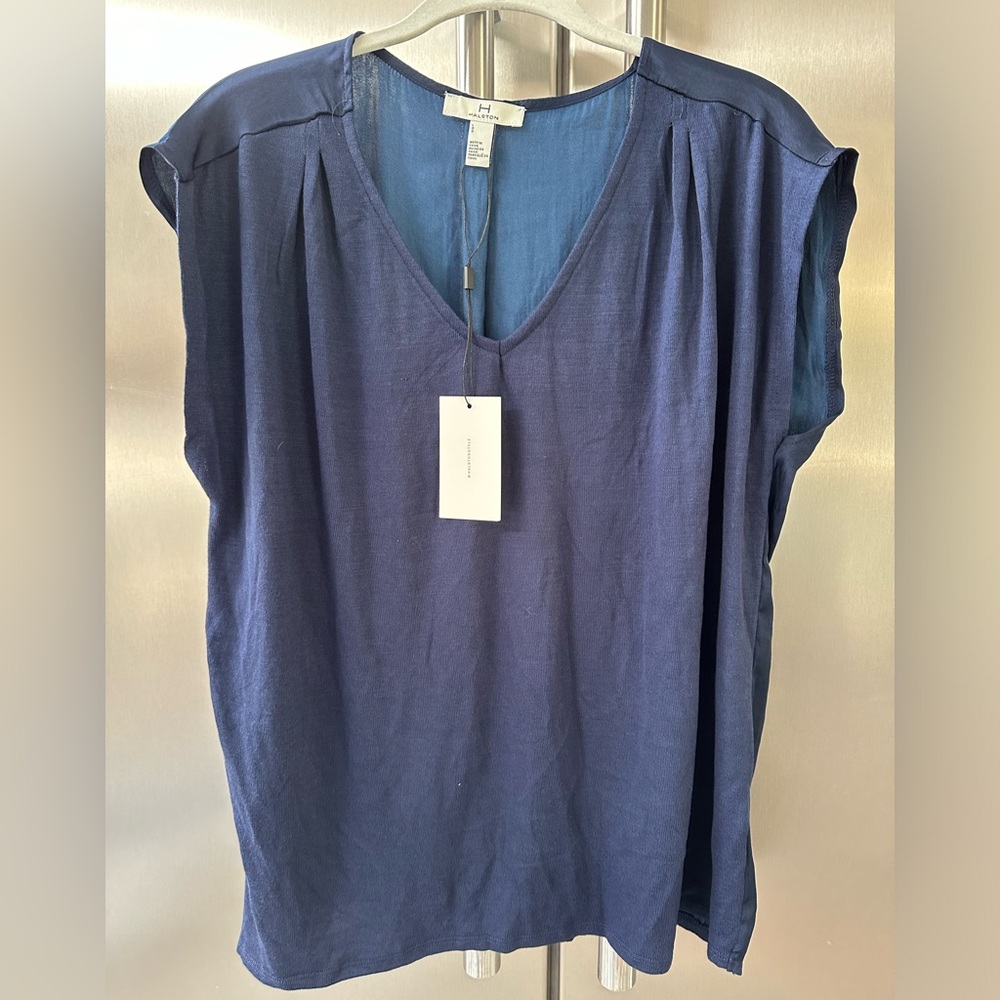 NWT Halston blouse - Navy Blue - mixed fabrics - Size L